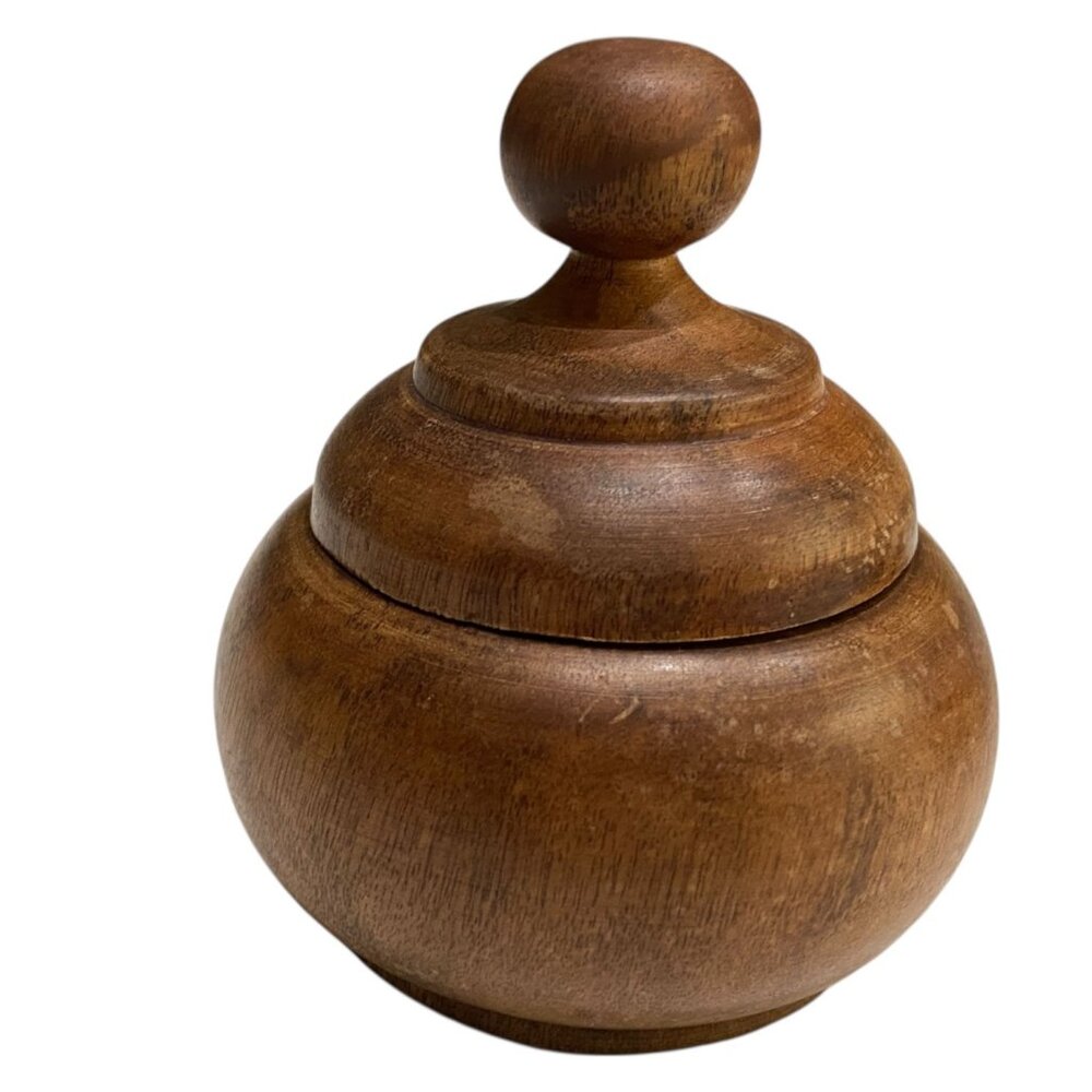 Hand Turned Wood Lidded Jar Small Brown Decorative Trinket Box Vintage Rustic